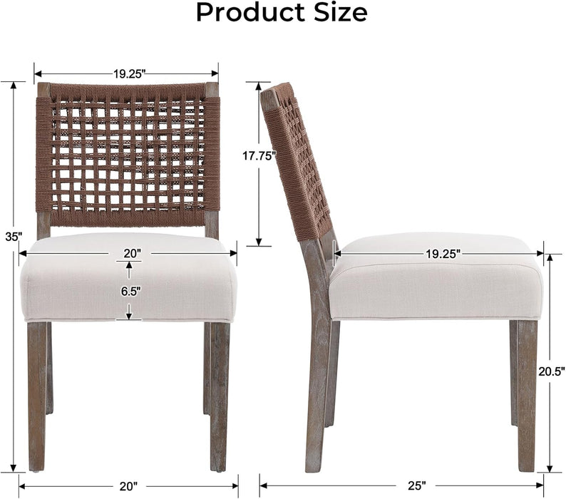 Farmhouse Dining Chairs Set of 2 Linen Fabric Upholstered Accent Side Chair, Mid Century Modern Kitchen & Dining Room Chairs with Woven Rope Back for Home, Living Room, Bedroom - Beige