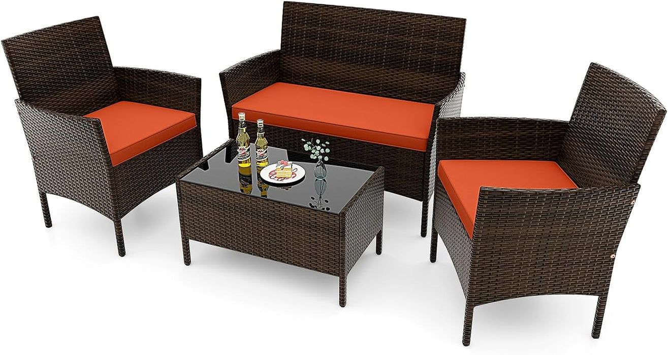 4-Piece Patio Furniture Set - Rattan Outdoor Conversation Bistro Set W/Cushions, Glass Coffee Table, Wicker Chairs & Loveseat for Garden Backyard Porch, Balcony Furniture Set (1, Orange)