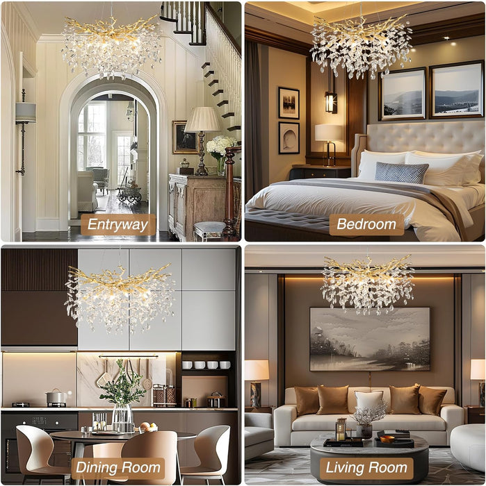 Modern Crystal Chandelier, 30" Gold Tree Branch Chandelier, 10-Light round Chandeliers for Dining Room, Living Room, Kitchen, Foyer, Entryway, Bedroom, Luxury K9 Crystal Raindrop Light Fixture