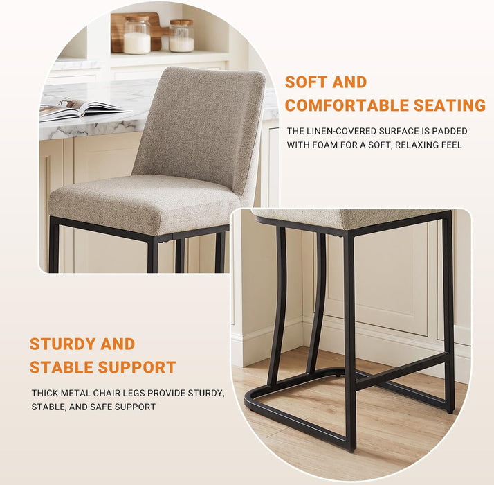Counter Height Bar Stools Set of 2, 24 Inch Seat Height Bar Chairs for Kitchen Island, Linen Fabric Upholstered Barstools with Metal Feet for Dining Room, Sand Color