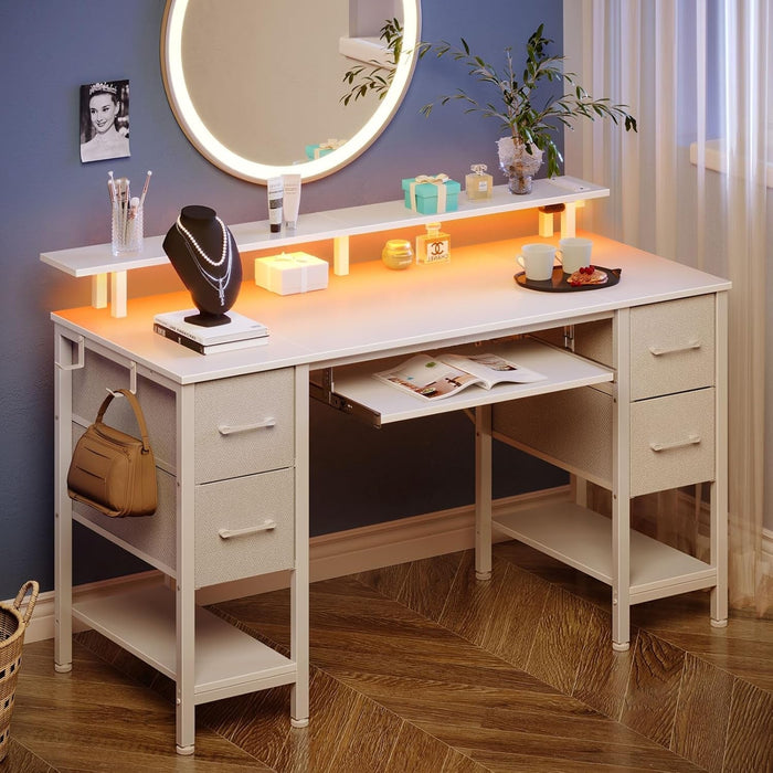 Computer Desk 47.2" with LED Lights & Power Outlets, Home Office Desk with 4 Drawers, Writing Desk with Keyboard Tray, Study Desk with Monitor Stand, Work Desk for Home Office, White