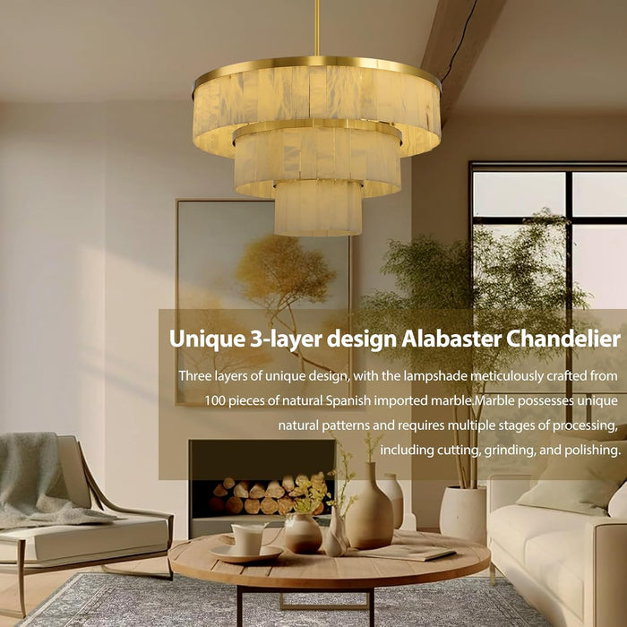 Round Alabaster Chandelier, 3 Tiers Natural Marble Chandelier D34"Gold Chandeliers for Dining Room, Modern Brass High Ceiling Chandeliers for Living Room, Foyer, Entryway, Staircase(Include 15 Bulbs )
