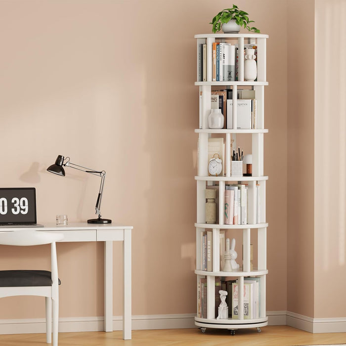 Round 6-Tier Rotating Bookshelf Snow-White On Wheels