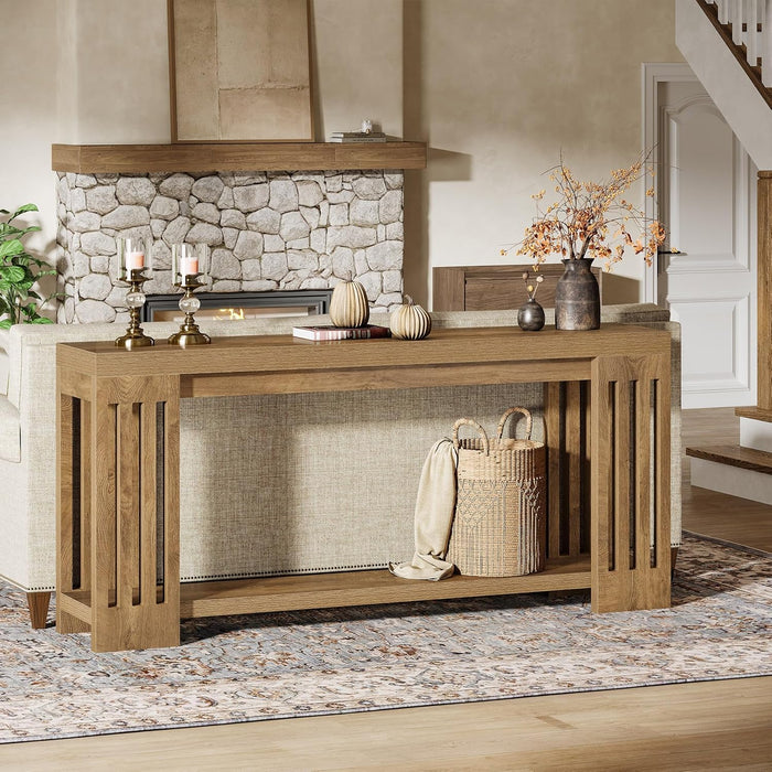 70.9-Inch Extra Long Entryway Table, Farmhouse Sofa Console Table with Vertical Stripe Legs, 2-Tier Entry Furniture for Living Room, Hallway, Entrance (Light Brown)