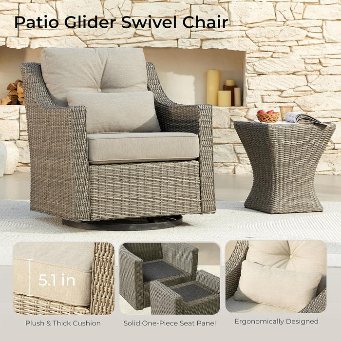 3 Pieces Wicker Patio Bistro Set, Outdoor Furniture Set with 2 Pieces Rattan Rocking Swivel Chairs, Thickened Cushions and Side Table, Brownish Grey Cushions with Grey Wicker