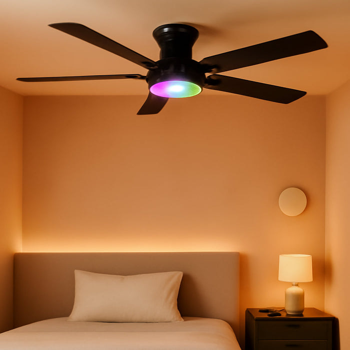 52 Inch Black Ceiling Fans with Lights, RGB Ceiling Fan with Remote and App,Flush Mount Low Profile, Dimmable 35W LED, Reversible, Smart Ceiling Fan for Bedroom Nursery Living Room Apartment