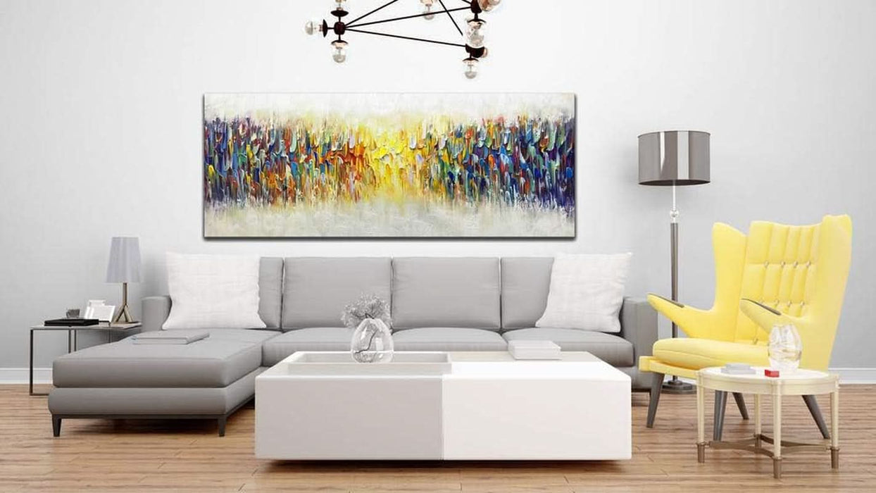 Art,24X60Inch Large Size Knife Painted Texture Art Yellow White Abstract Canvas Wall Art Colorful Modern Oil Paintings Framed Ready to Hang