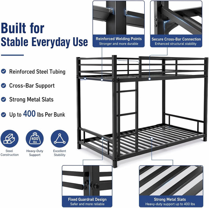 Twin over Twin Low Profile Metal Bunk Bed for Kids & Teens | 53.9" Low Profile, 400 Lbs Each Bunk, 12.8" Guardrails, Quiet Steel Frame, No Box Spring