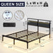 Queen Bed Frame with LED Lights & Charging Station, Metal Platform Bed Frame with 2 Tier Storage Headboard, under Bed Storage, No Box Spring Needed, Noise Free, Easy Assembly