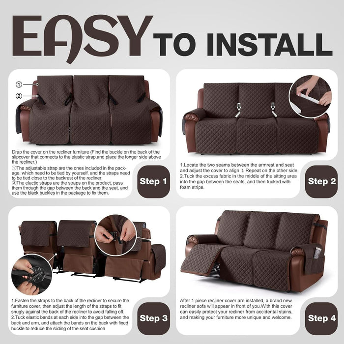 Waterproof Recliner Sofa Cover, Non-Slip Reclining Couch Covers for 3 Seat, Recliner Couch Cover Furniture Protector with Elastic Straps for Pets, Kids, Chocolate