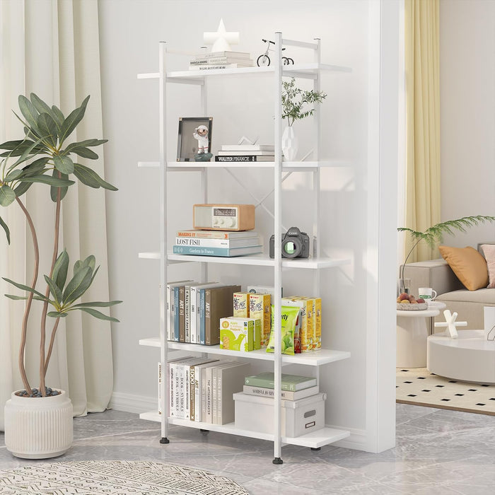 Bookshelf 5 Tiers White Wooden Storage Shelf,Modern Open Display Storage Bookcase Book Organizer,Metal Bookshelf Standing Storage Shelf Tall Shelving Units for Home Office Study