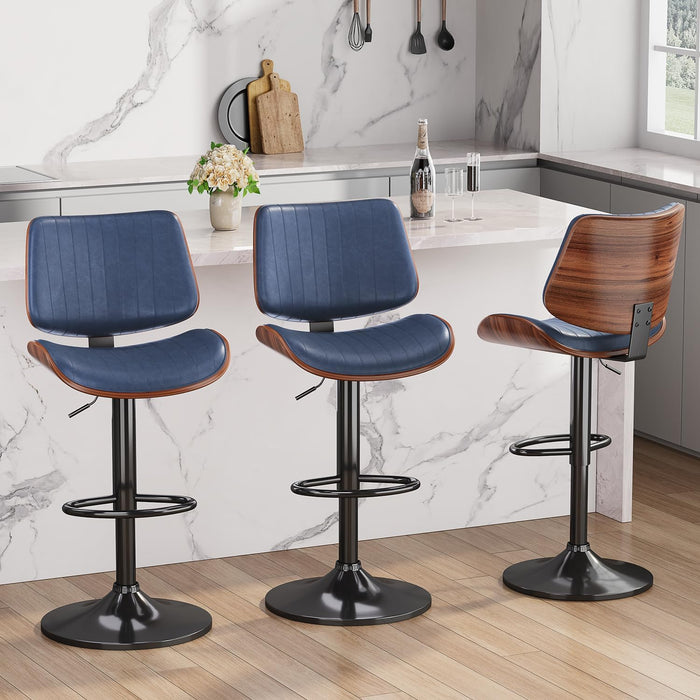 Swivel Bar Stools 2PCS, Adjustable Bentwood Barstools for Kitchen Counter | Modern PU Leather Upholstered Bar Chair with Back and Footrest, for Kitchen Island, Bar, Dining Room, Navy