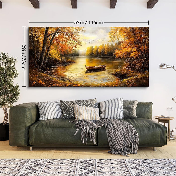 Fall Wall Art, Landscape Wall Art, Large Wall Decor, Lake Boat Forest Canvas Art Prints, Gold Autumn Nature Pictures, Rustic Paintings for Living Room Bedroom Dining Room Office Farmhouse 29"X57"