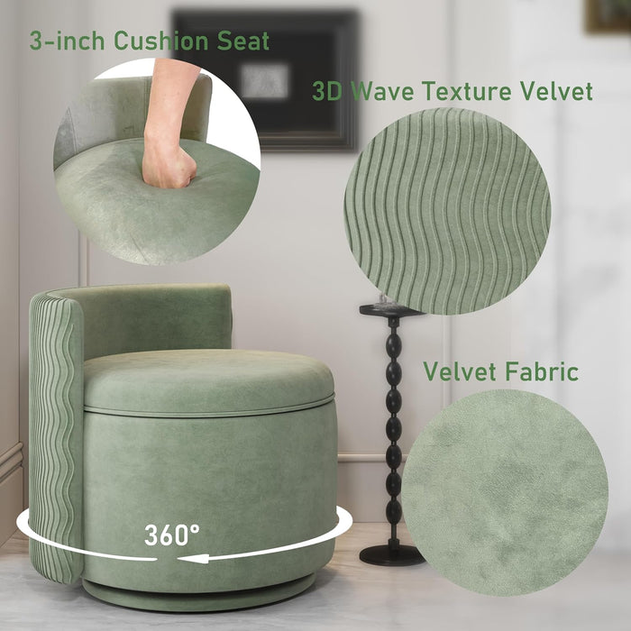360° Swivel Accent Chair with Storage, Vanity Stool with Back, Velvet Storage Ottoman, Upholstered round Barrel Vanity Chair for Living Room, Makeup Room, Bedroom (Green)