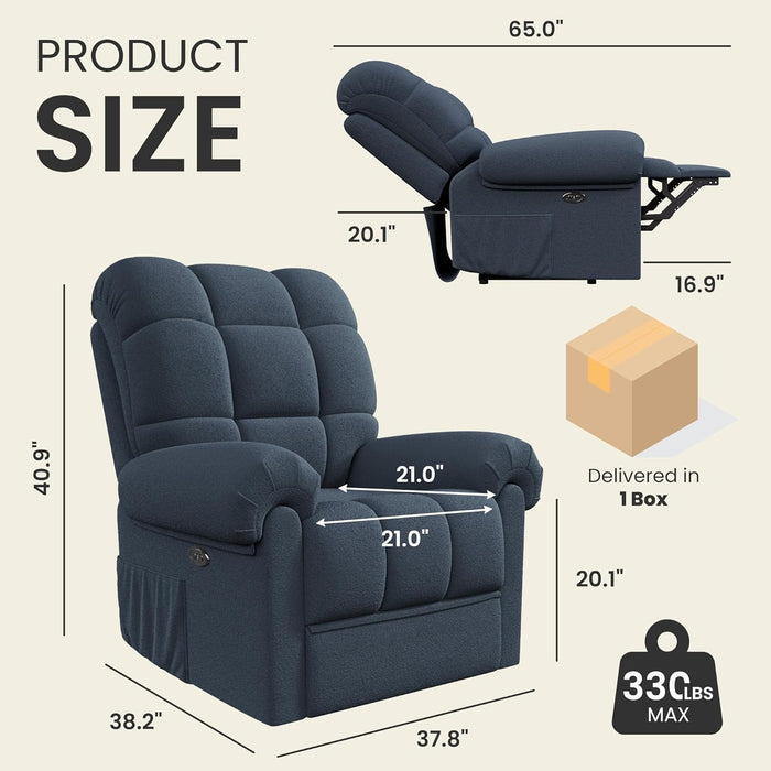 2024 New Power Recliner Chair for Adults, Adjustable Electric Chair Power Reclining Sofa, USB Port, Ultra-Comfy Teddy Fleece Recliner for Living Room, Tool-Less Assembly Single Sofa, Blue Gray