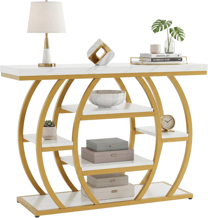 Modern Console Table, 41.3" Narrow Entryway Table with Storage Shelves & Faux Marble Top, 5-Tier Sofa Tables behind Couch with Arched Metal Frame for Living Room, Hallway (Gold & White)