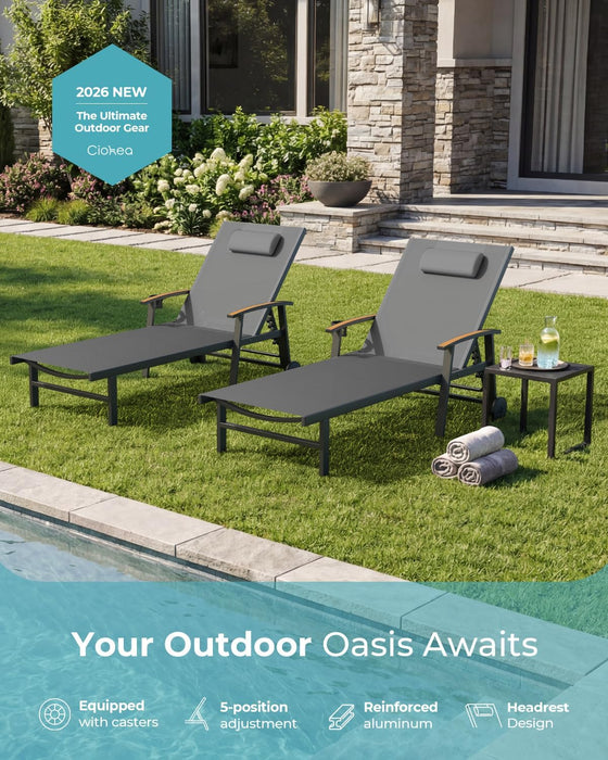 Outdoor Lounge Chair with Pillow, 5-Position Aluminum Chaise Lounge with Wheels & Armrests, 400 Lbs Heavy Duty Patio Pool Chair for Deck, Backyard, Beach & Poolside, Grey