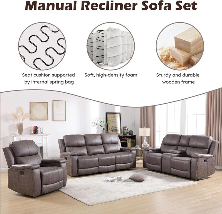 Faux Leather Manual Reclining Sofa,3 Seat Recliner Couch Sofa with Overstuffed Arms and Back,Manual Recliner Sofa Set with Concealed Cup Holders for Living Room,Grey
