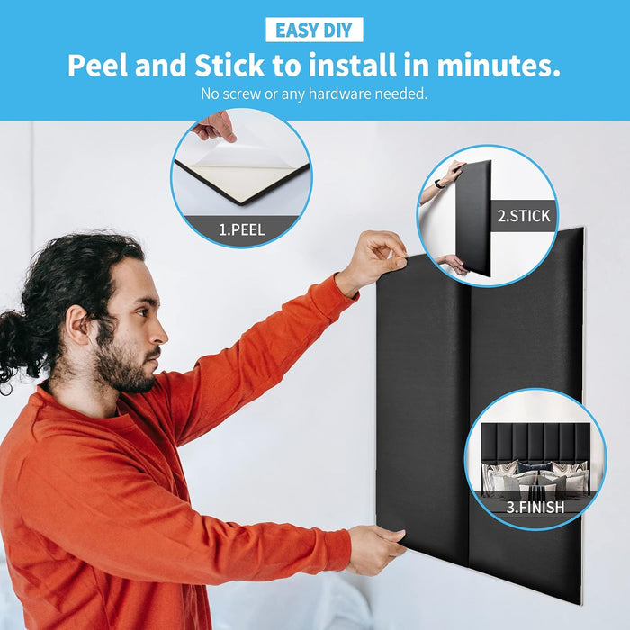 Peel and Stick Black King Headboard, 12-Pack Upholstered Headboard for Queen, Full-Size Bed, Padded Wall Panel