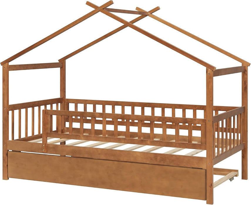 Walnut Solid Wood House Bed Trundle UnitBundleWithDrawers