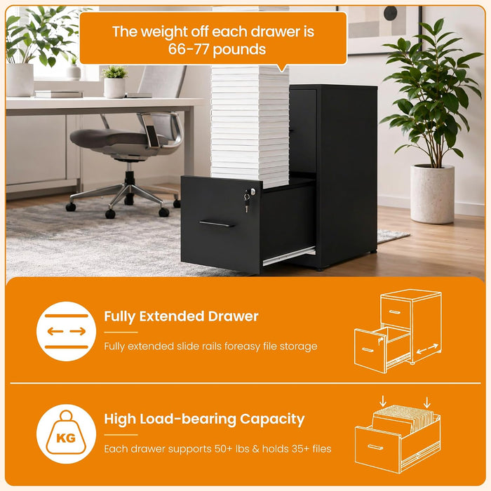 2 Drawer File Cabinet with Lock, Metal Vertical File Cabinets for Home Office, Office Furniture for Organization Hanging Legal/Letter/A4, Office File Cabinet Storage Cabinet, Require Assembly, Black