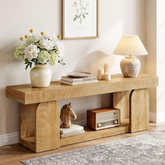 63-Inch Console Table for Entryway, Farmhouse Wooden Sofa Table behind Couch with 2-Tier Storage Shelf for Living Room, Foyer, Hallway, Entrance