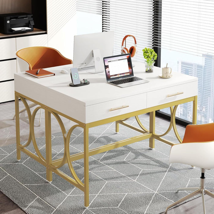 Modern Computer Desk with 2 Drawers, 41 Inches Study Writing Office Desk for Home Office, Bedroom, Makeup Vanity Table Desk with Gold Metal Frame, White & Gold