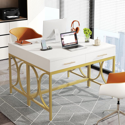 Modern Computer Desk with 2 Drawers Set of 2, 41 Inches Study Writing Office Desk for Home Office, Bedroom, Makeup Vanity Table Desk with Gold Metal Frame, White & Gold