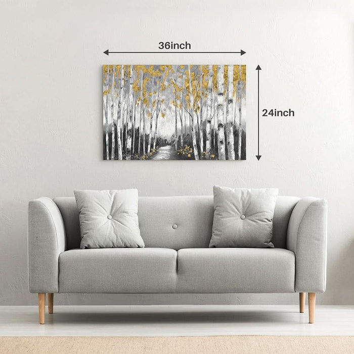 Birch Forest Canvas Wall Art: Large Abstract Tree Painting with Gold Foil Hand Painted Textured Artwork for Bedroom