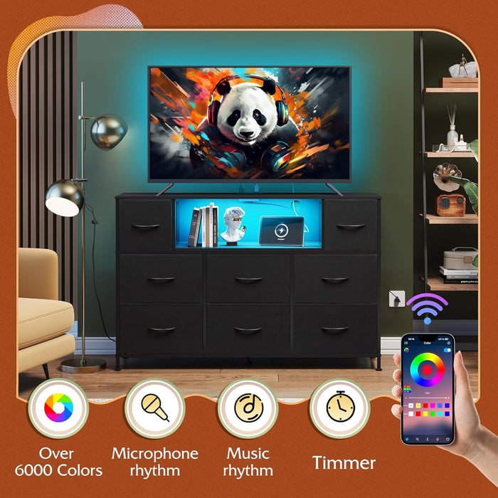 Black Dresser for Bedroom, TV Stand for Bedroom for 55 Inch TV with Charging Station and LED Lights, Fabric Chest of Drawers with Open Shelves, 8 Drawers Dressers for Living Room, Closet