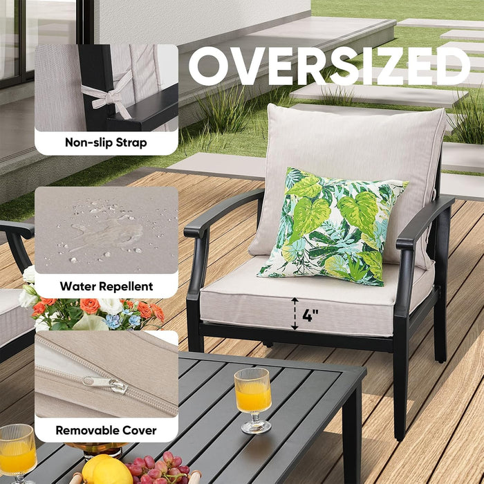 4 Pieces Patio Furniture Set W/Loveseat,Coffe Table,Outdoor Conversation Metal Sofa with High Back and Thick Cushion,For Backyard,Garden,Beige