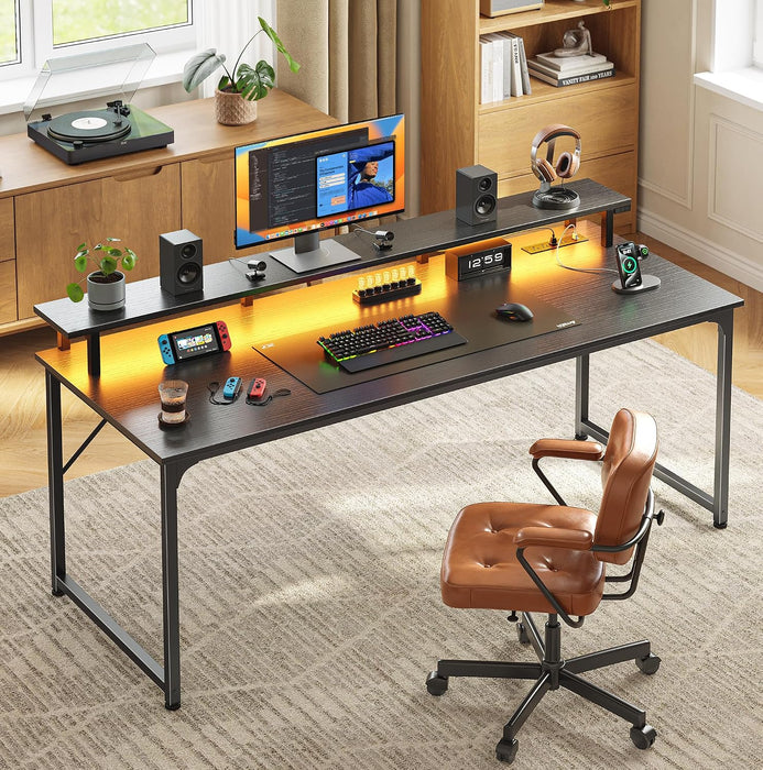 55 Inch Gaming Desk, LED & Power Outlets, Monitor Stand, Black