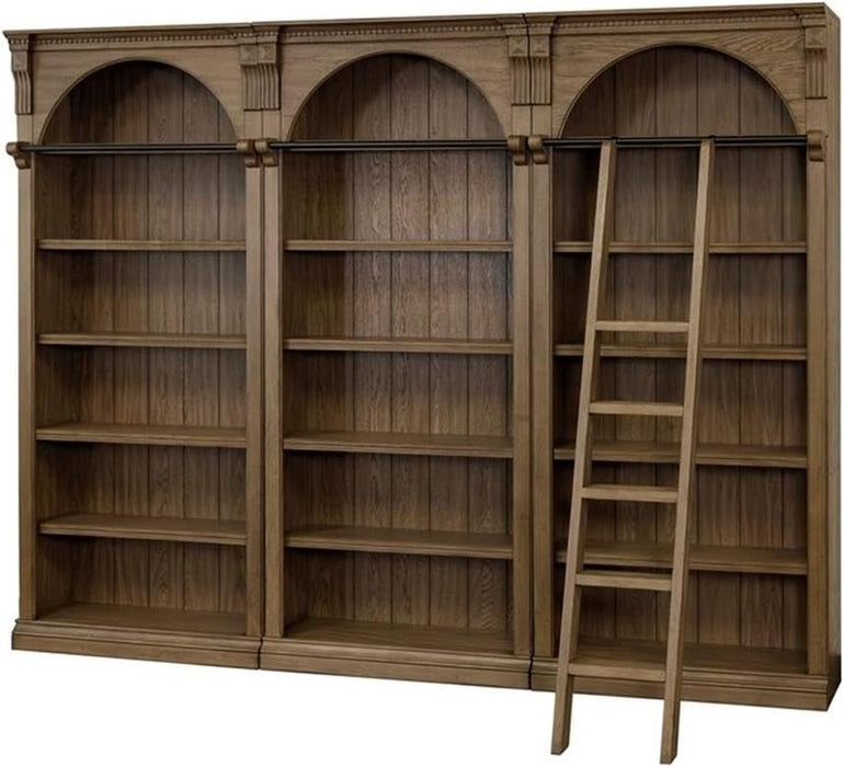 Traditional 8' Tall Wood Bookcase Wall with Ladder Office Bookcase Brown