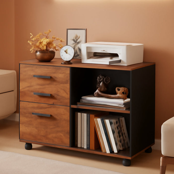 3 Drawer Mobile File Cabinet, Wood Lateral Filing Cabinet, Printer Stand with Open Shelves for Home Office, Rustic Brown