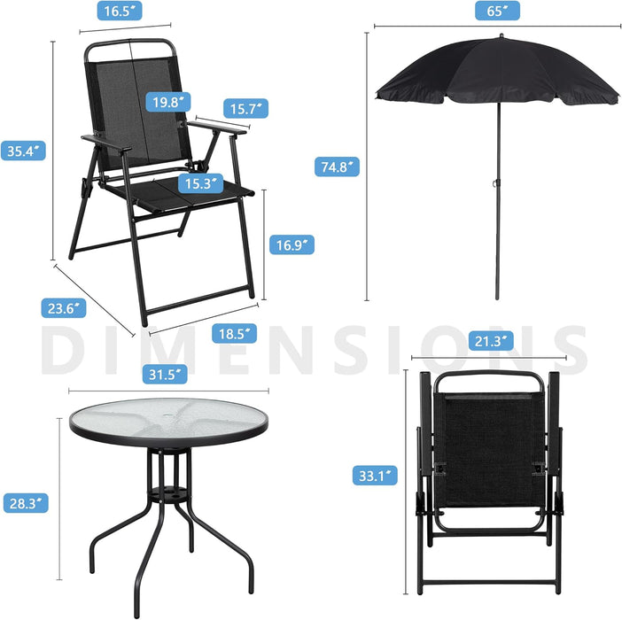 6 Piece Patio Dining Set with Umbrella, Outdoor Furniture Set with 4 Folding Chairs and Tempered Glass Top Dining Table Fot Lawn Backyard Garden Porch Black