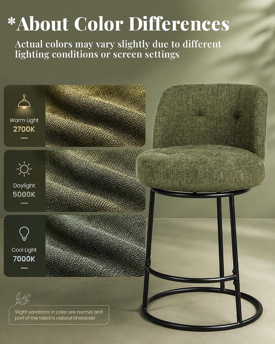 360° Swivel Bar Stools Set of 2, 26" H Modern Linen Counter Height Barstools, Upholstered Counter Stools with Ergonomic Wide Back & Metal Base for Kitchen Island, Dining Room, Green