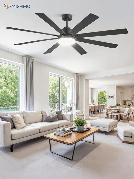 72 Inch Large Ceiling Fan with Remote, Indoor/Outdoor Industrial Ceiling Fan with Large LED Panel, Quiet Reversible DC Motor, 6-Speed, 3CCT, Black Ceiling Fans with Light for Patio, Livingroom, Garage