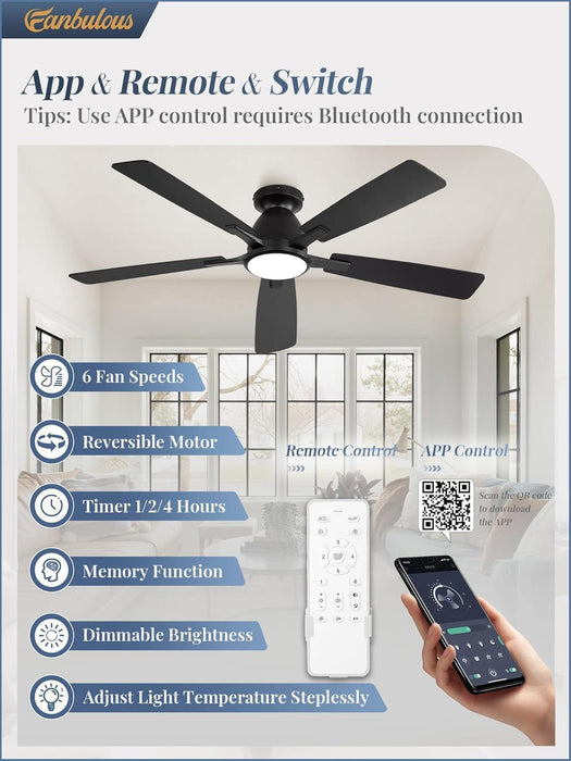 52 Inch Ceiling Fans with Lights, Smart Flush Mount Ceiling Fan and Remote APP, Modern Low Profile, 3CCT 20W LED with 6-Speeds Quiet Reversible Motor for Bedroom, Living Room, Kitchen, Black
