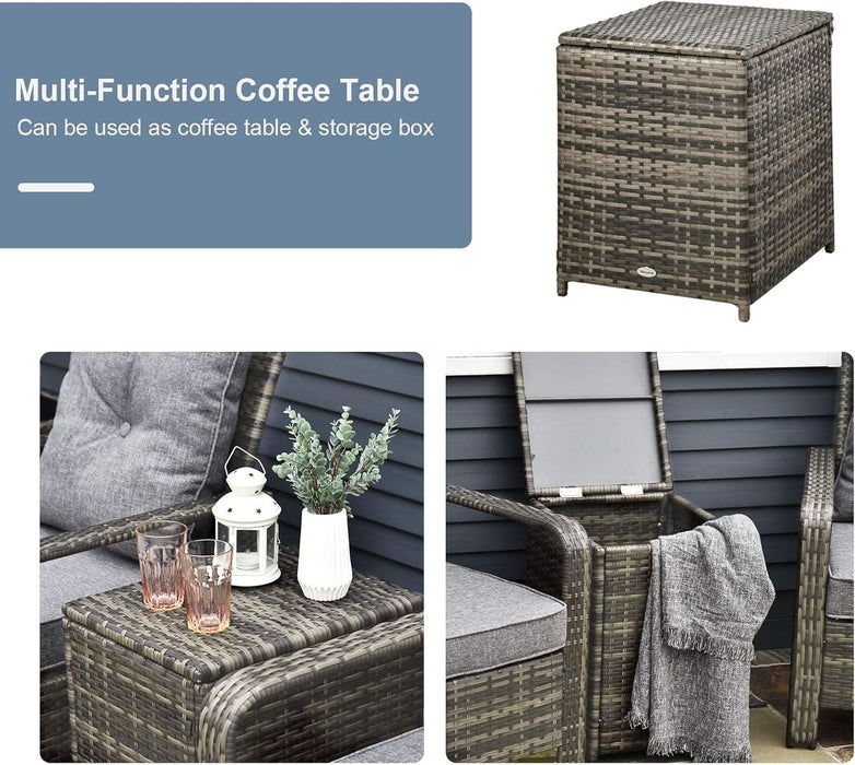 3 Piece Patio Furniture Set, PE Rattan Wicker Storage Table and Chairs W/Tufted Cushions for Outdoor Garden, Backyard, Poolside, Balcony, Gray