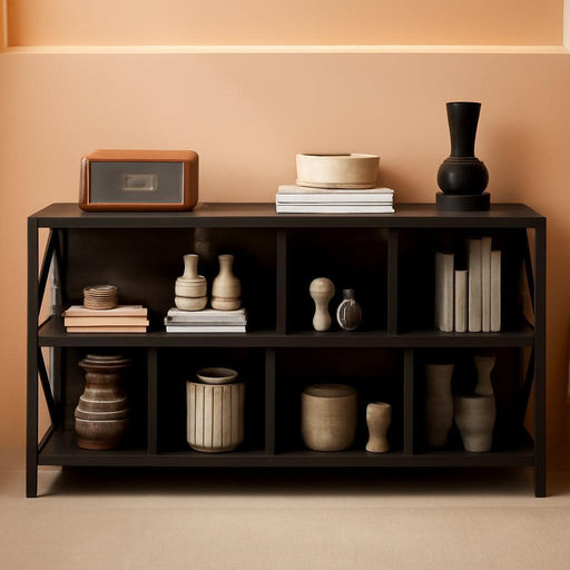 8 Cube Storage Organizer Bookshelf, Industrial Horizontal Bookcase, Accent Cubby Shelf, Media Console Table for Living Room, Home Office, 63 Inches, Dark Grey Oak