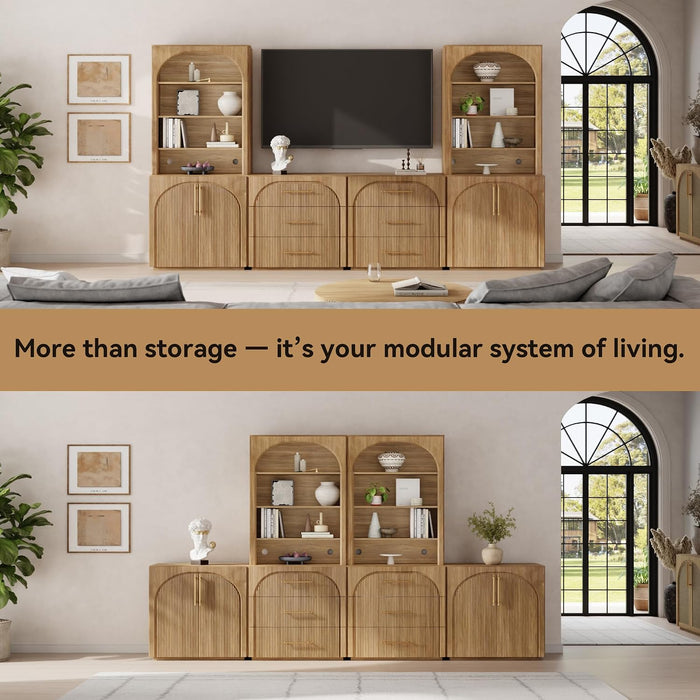 72" Tall Arched Storage Cabinet with Hutch, Bookcase with Open Shelves