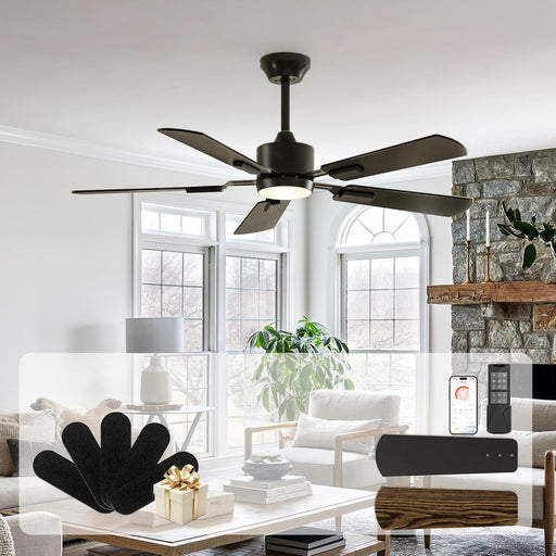 Ceiling Fans with Lights - 52 Inch Black Ceiling Fan with Light and Remote/App, Dimmable, Super Quiet, Modern Ceiling Fan for Indoor Bedroom, Living Room, Kitchen