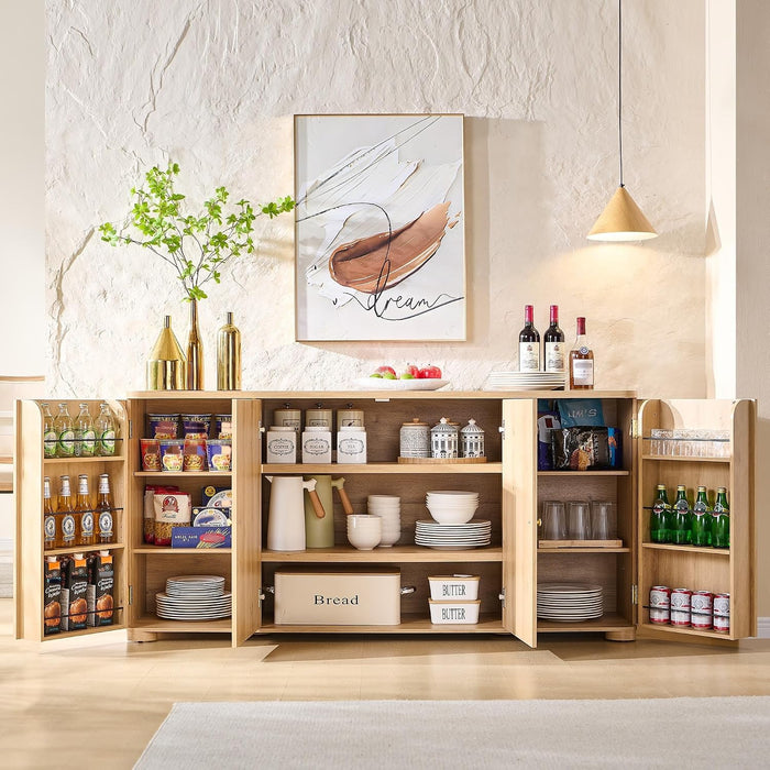 Curved Buffet Cabinet with Doors, 66" Large Sideboard Buffet Storage Cabinet with 4 Doors and Shleves, Modern Coffee Bar Station Wood Kitchen Table for Kitchen, Dining Room, Natural