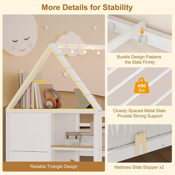 Bunk Bed Twin over Twin with Storage Drawers and Globe String Lights House Shaped Low Bunk Bed with Montessori Bookshelves Metal Bunk Beds for Kids with Ladder and Guardrail,Space Saving,White