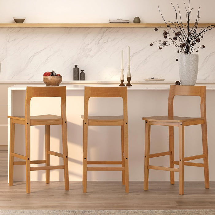 Wood Bar Stools Set of 3, Counter Height Barstools Armless Farmhouse Wooden Bar Dining Chairs with Back & Footrest for Kitchen Island Cafe Pub, Dark Oak