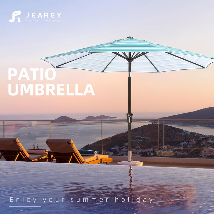 9FT Outdoor Patio Umbrella Outdoor Table Umbrella with Push Button Tilt and Crank, Market Umbrella 8 Sturdy Ribs UV Protection Waterproof for Garden, Deck, Backyard, Pool (Blue Green Stripe)