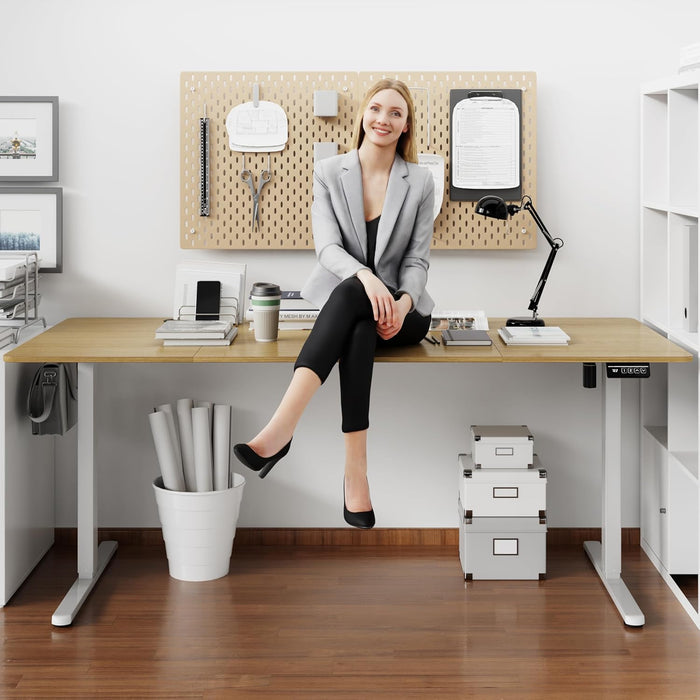 Standing Desk, 71X31 Inch Height Adjustable Electric Sit Stand up Desk, Ergonomic Rising Computer Table, Modern Lift Gaming Desk Workstation for Home Office, Walnut and White