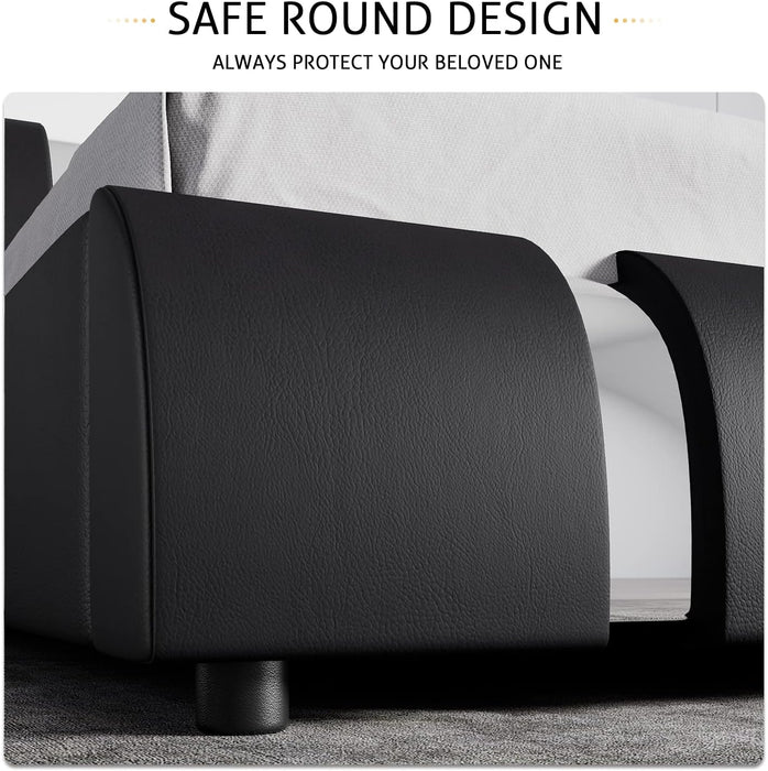 Queen Bed Frame with Iron Pieces Decor, Faux Leather, Black