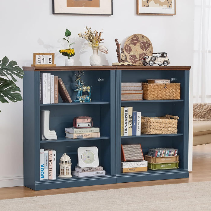 43" Blue Bookshelf, 3 Tier Farmhouse Small Wooden Book Shelf