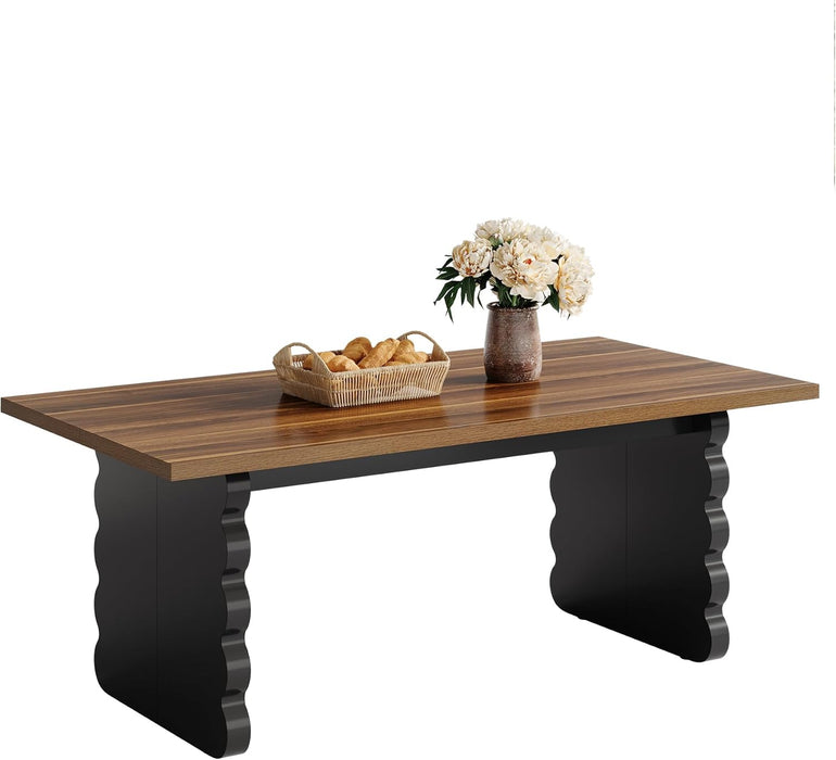 63-Inch Wooden Dining Table for 4-6 People, Modern Large Rectangular Kitchen Table with Thick Black Wave-Shaped Legs for Dining Room, Restaurant